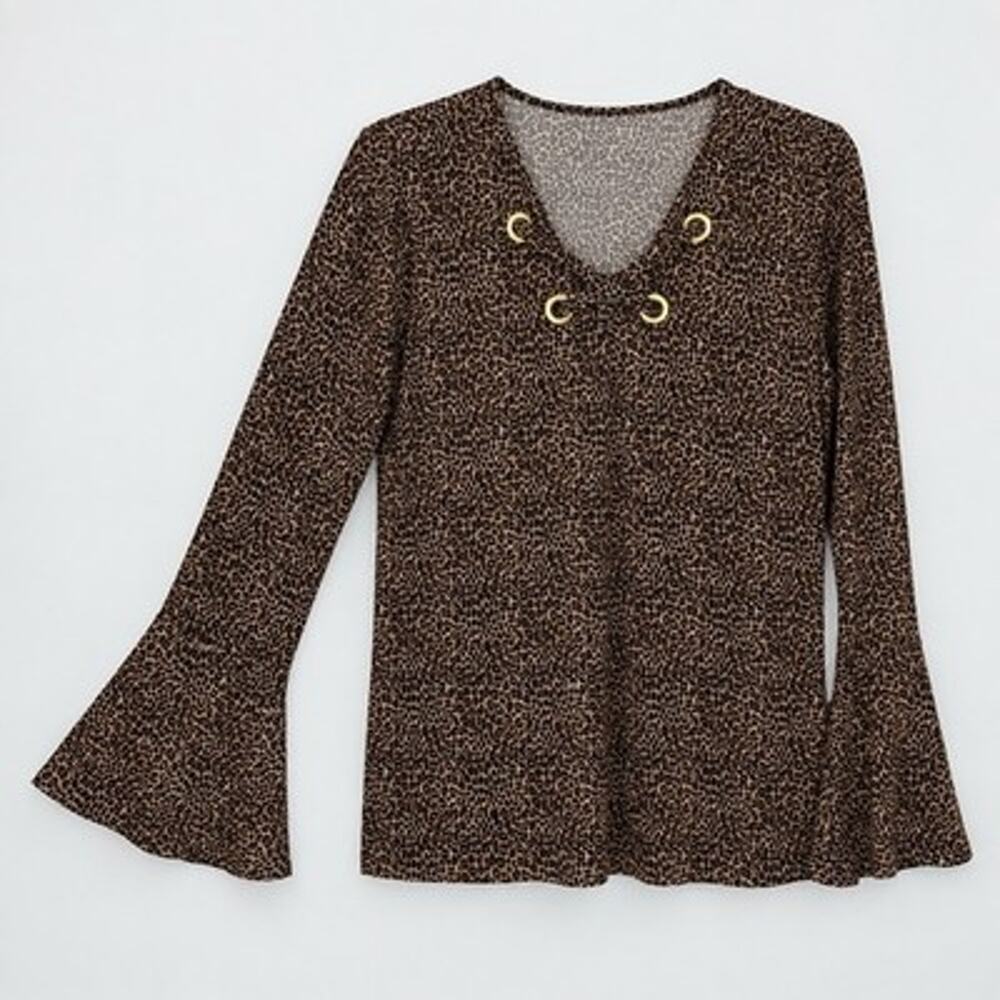 Michael Kors Cheetah Print Top Womens Small Grommet Laced V Neck Flare Sleeve